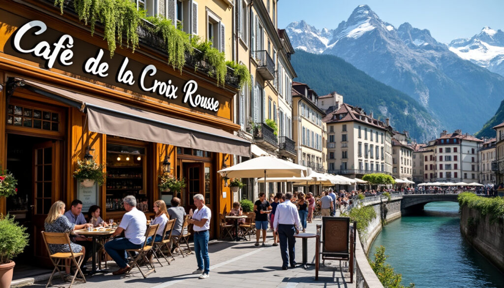 Terrasse du café avec montagne en arrière-plan.